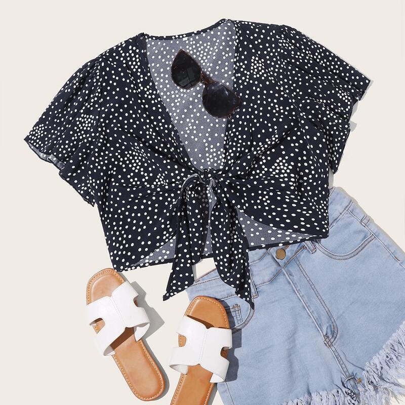 

Polka Dot Tie Front Crop Top, Navy blue