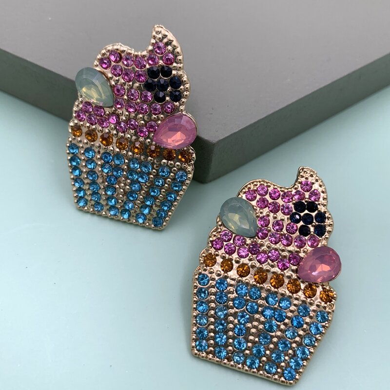 

1pair Rhinestone Engraved Ice Cream Design Stud Earrings, Multicolor