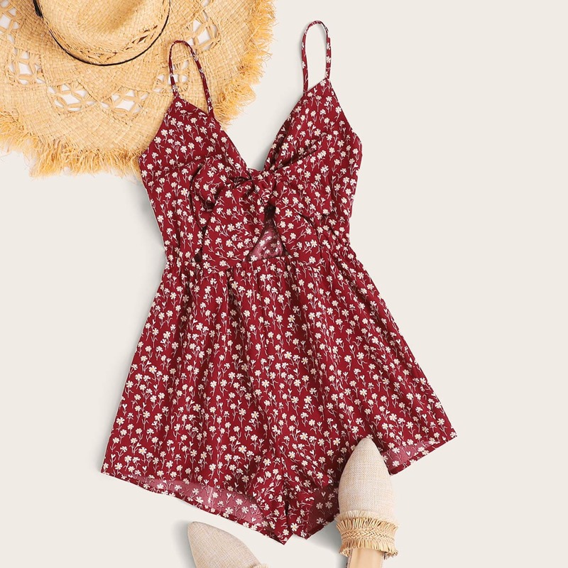 

Ditsy Floral Bow Front Cami Romper, Burgundy
