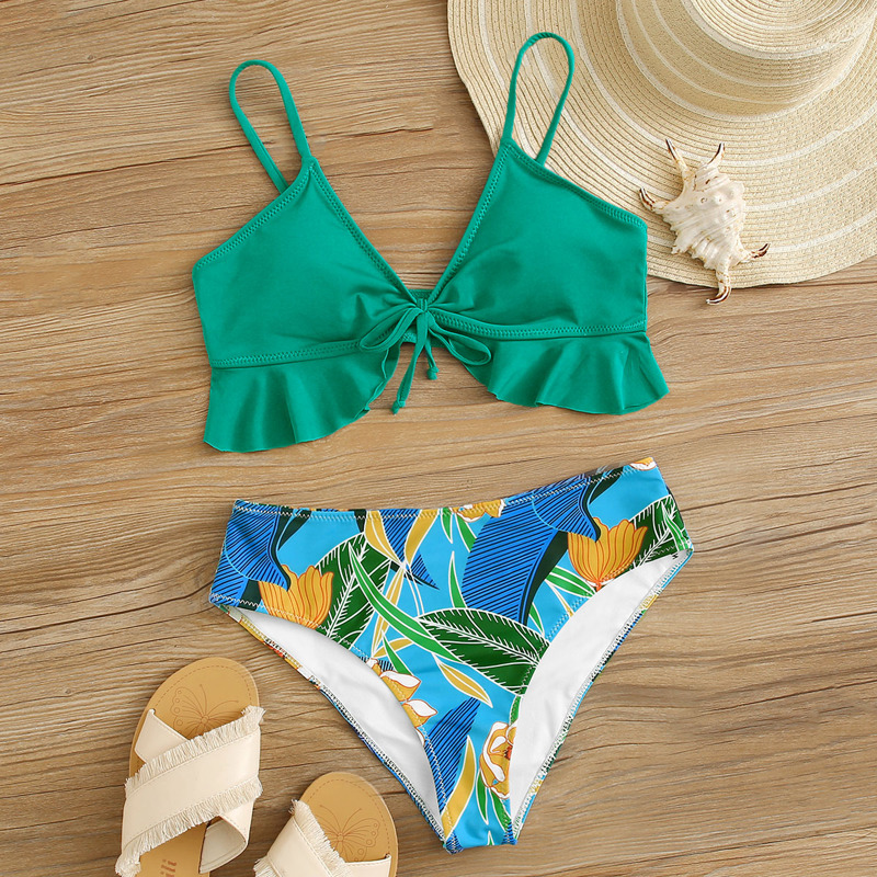 

Tropical Ruffle Tie Front Bikini Swimsuit, Multicolor