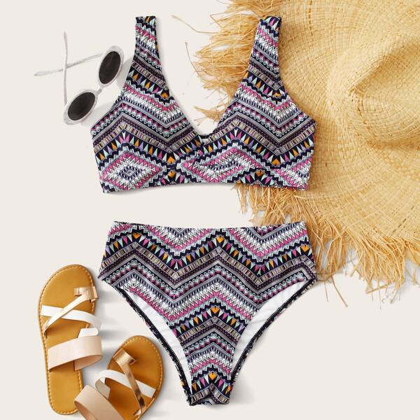 

Aztec Print High Waisted Bikini Swimsuit, Multicolor