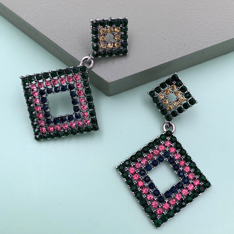 

Rhinestone Engraved Geometric Drop Earrings, Multicolor