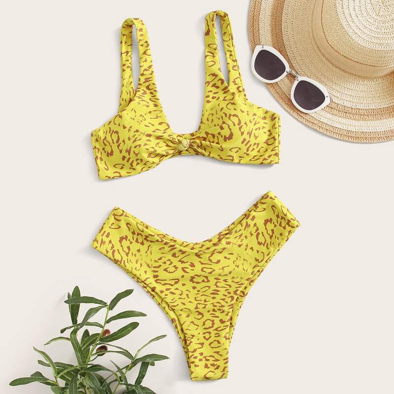 

Allover Print Knot Detail High Leg Bikini Swimsuit, Yellow