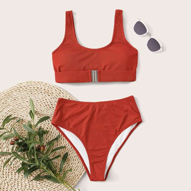 

Rib Belted High Waisted Bikini Swimsuit, Red