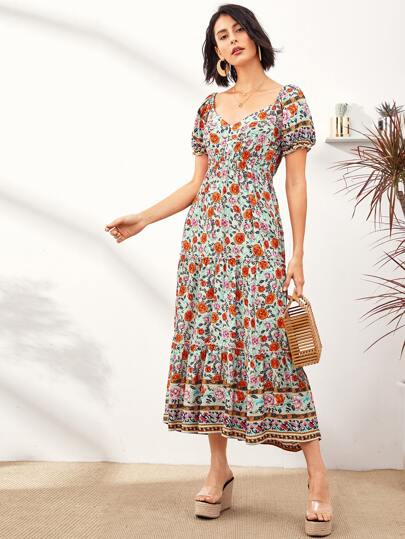Floral Print Puff Sleeve Dress