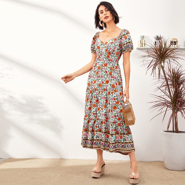 

Floral Print Puff Sleeve Dress, Multicolor