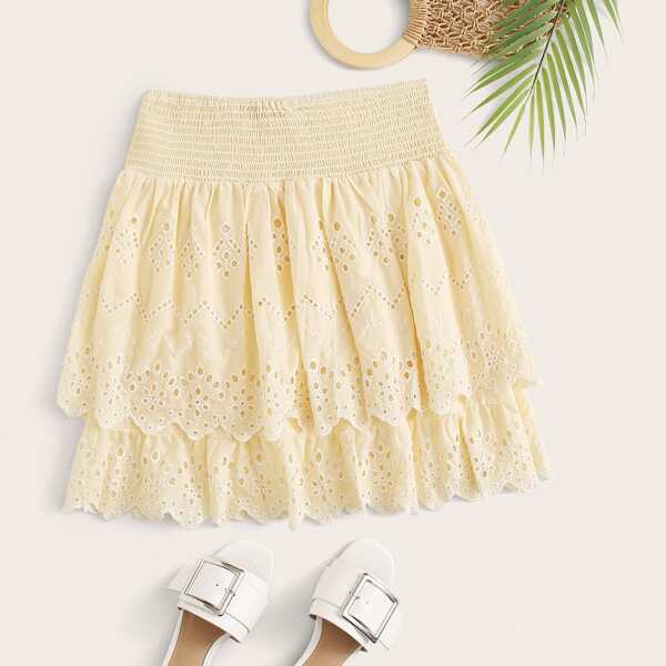 

Eyelet Embroidered Shirred Layered Skirt, Yellow