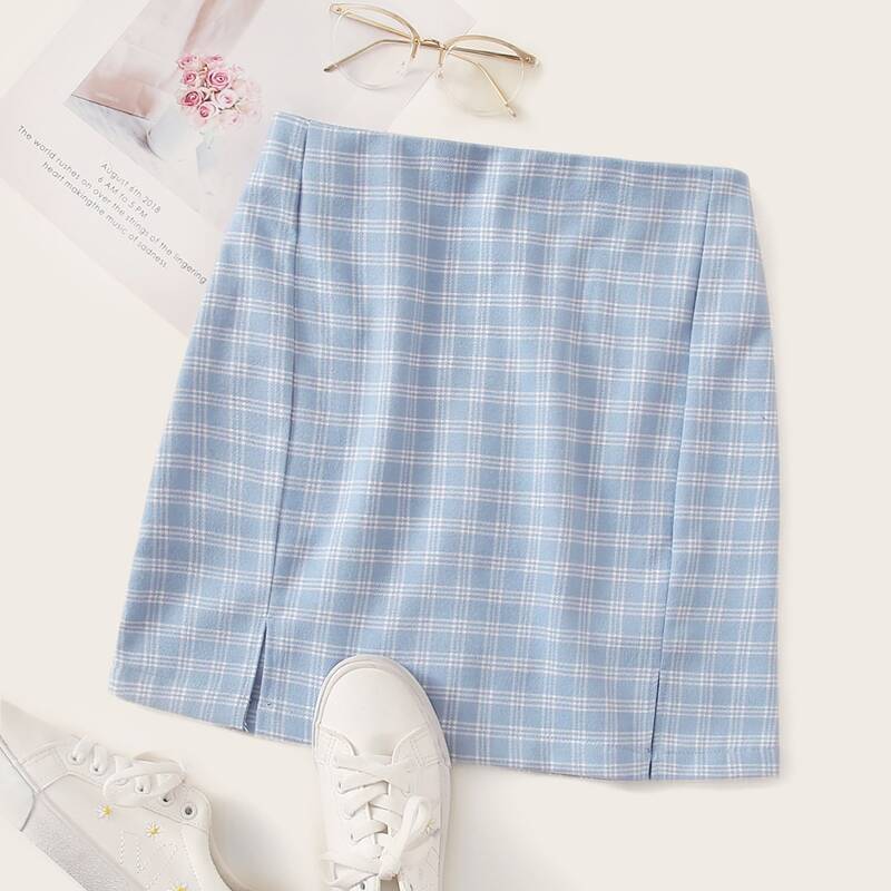 

Plaid Print Slit Hem Skirt, Blue