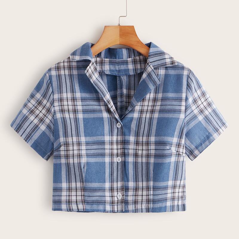 

Plaid Button Up Crop Shirt, Blue