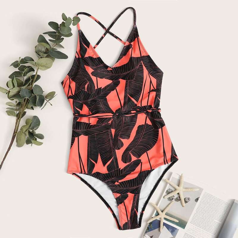 

Leaf Belted One Piece Swimsuit, Multicolor