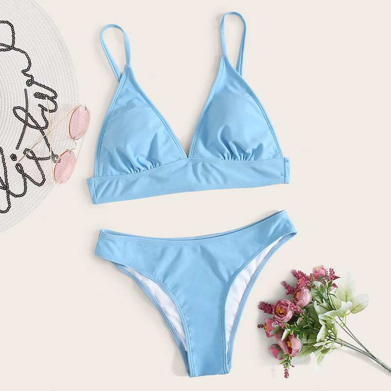 

Triangle High Leg Bikini Swimsuit, Blue
