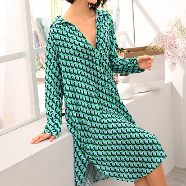 

Allover Print Button Through Curved Hem Longline Blouse, Green