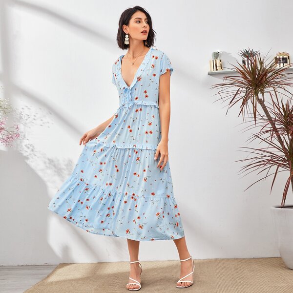 

Floral Print Ruffle Trim Plunging Long Dress, Blue