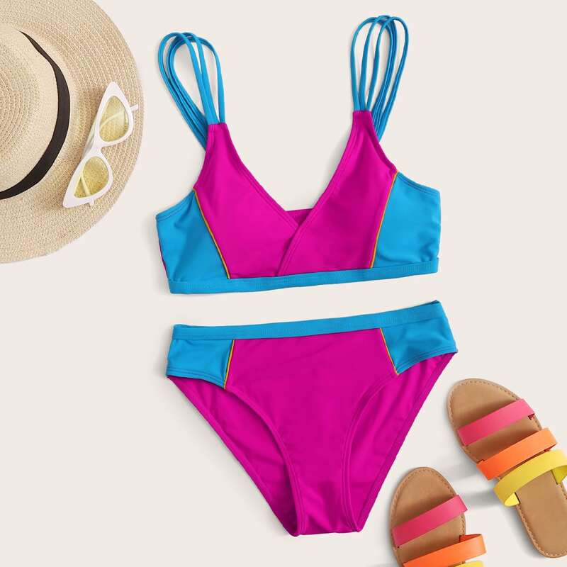 

Two Tone Hollow Strap Bikini Swimsuit, Multicolor