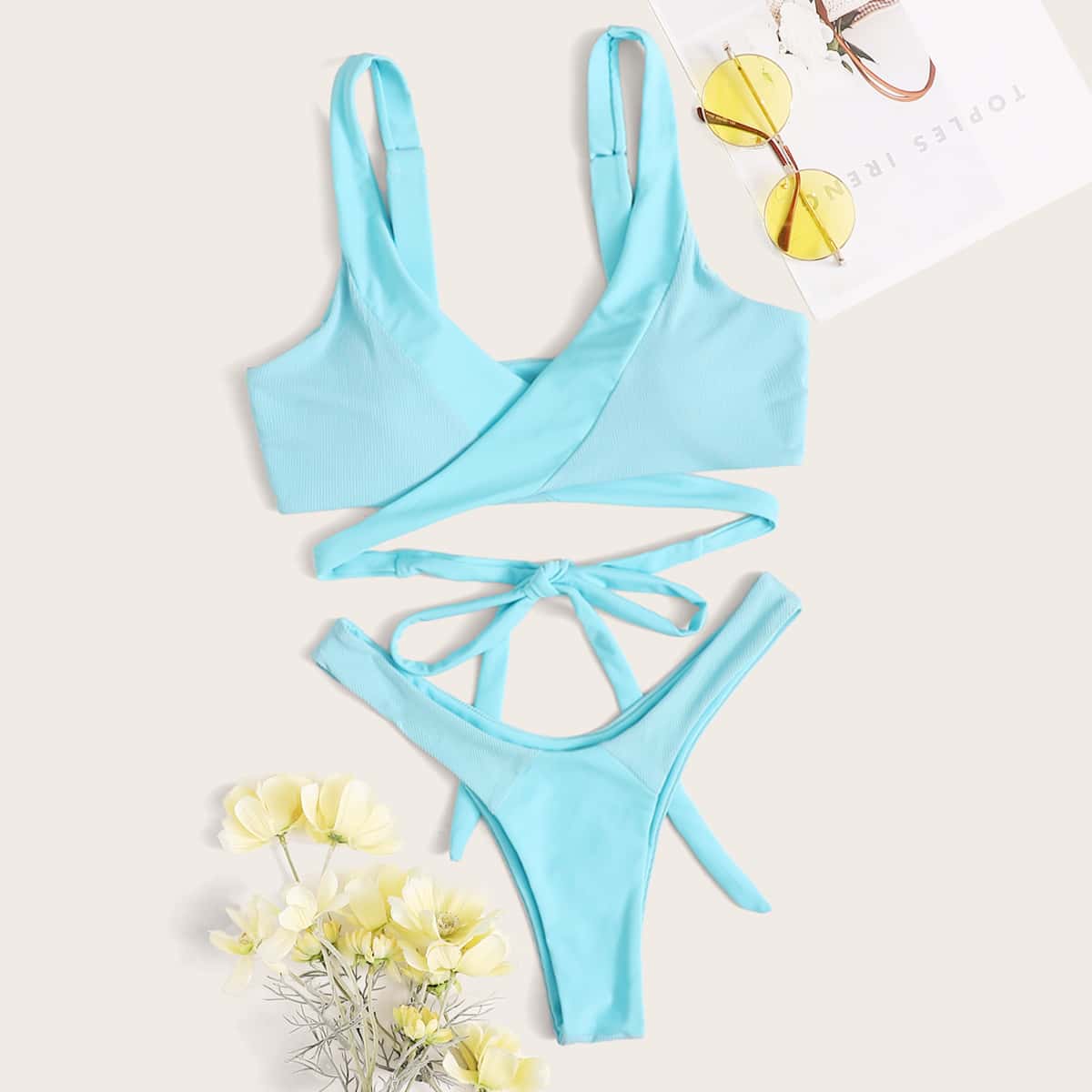

Crisscross Wrap High Leg Bikini Swimsuit, Blue