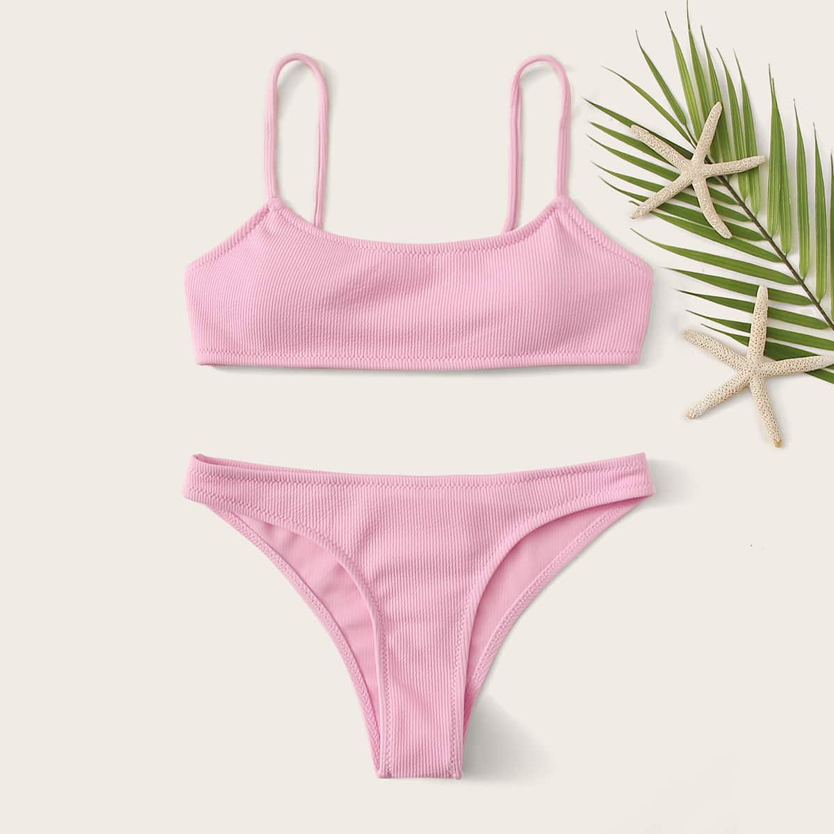 

Ribbed Cami Low Rise Bikini Swimsuit, Pink