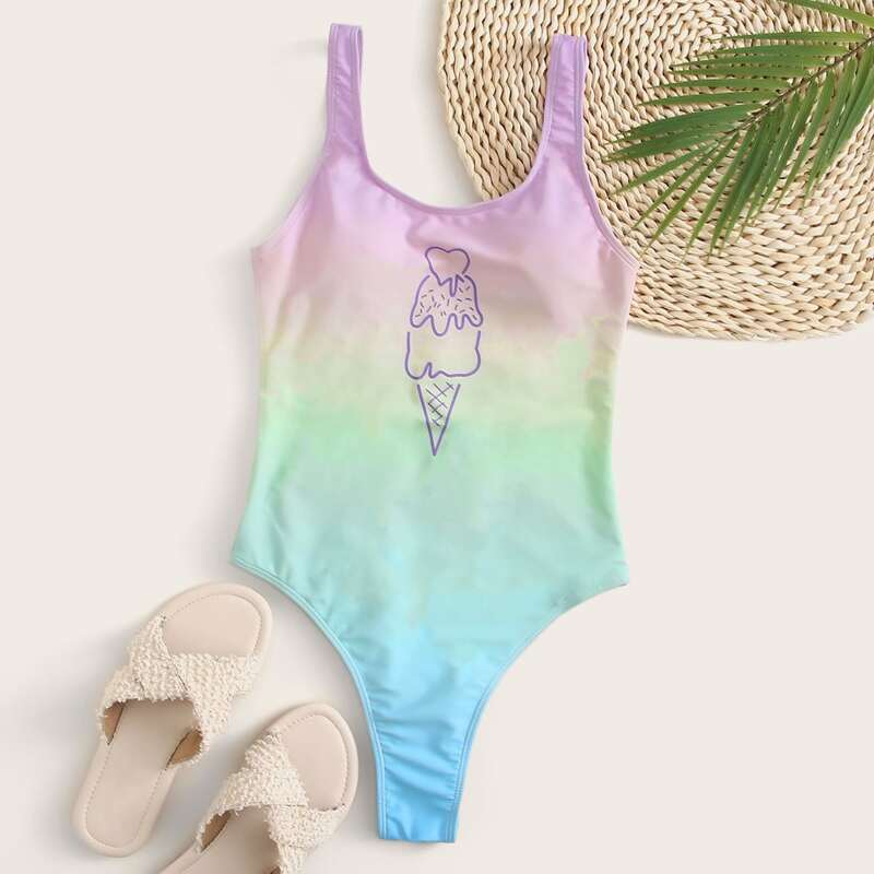 

Ice Cream Print Ombre One Piece Swimsuit, Multicolor