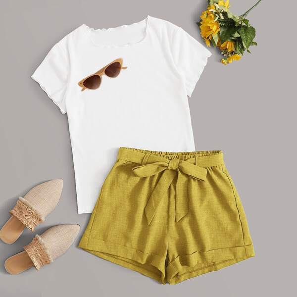 

Lettuce Trim Tee With Belted Shorts, Multicolor
