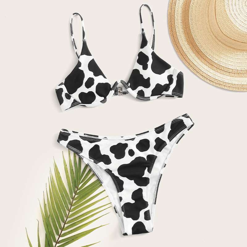 

Cow Print High Leg Bikini Swimsuit, Black and white