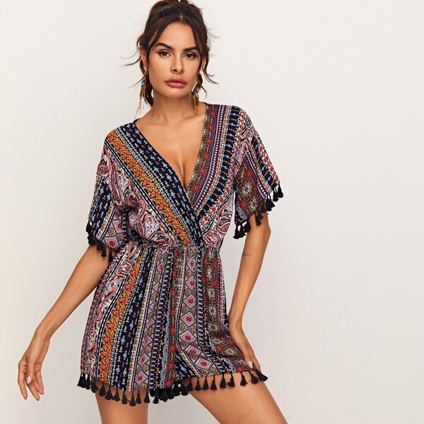 

Tribal Print Tassel Trim Surplice Romper, Multicolor
