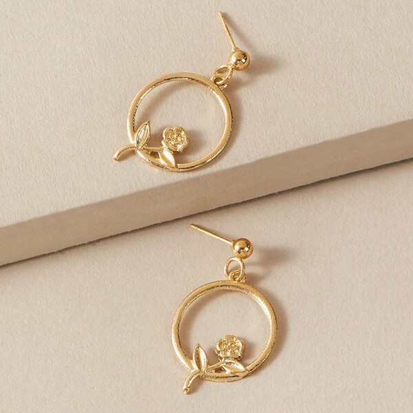 

Rose Design Round Drop Earrings, Gold