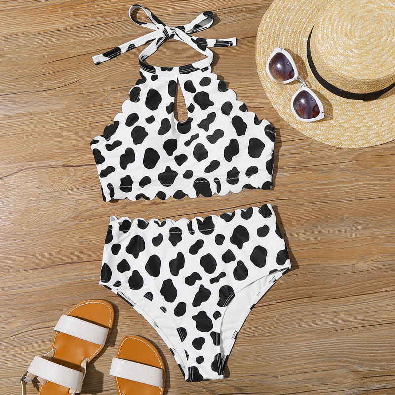 

Cow Print Scallop Trim Bikini Swimsuit, Black and white