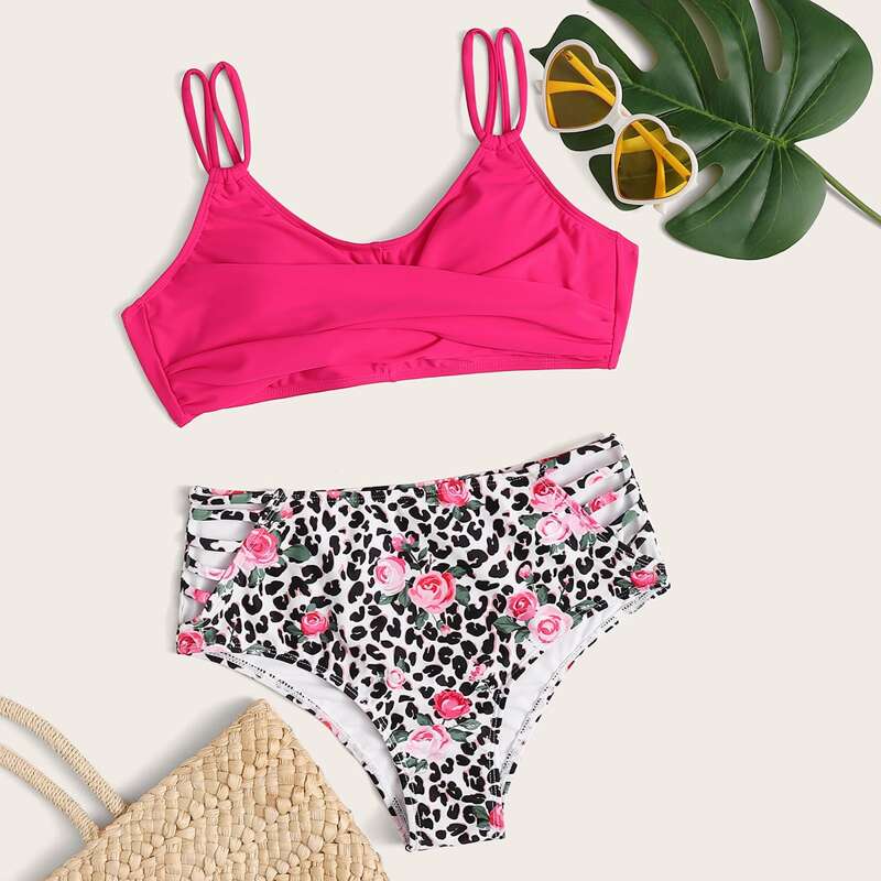 

Leopard Floral Multi Strap Bikini Swimsuit, Multicolor