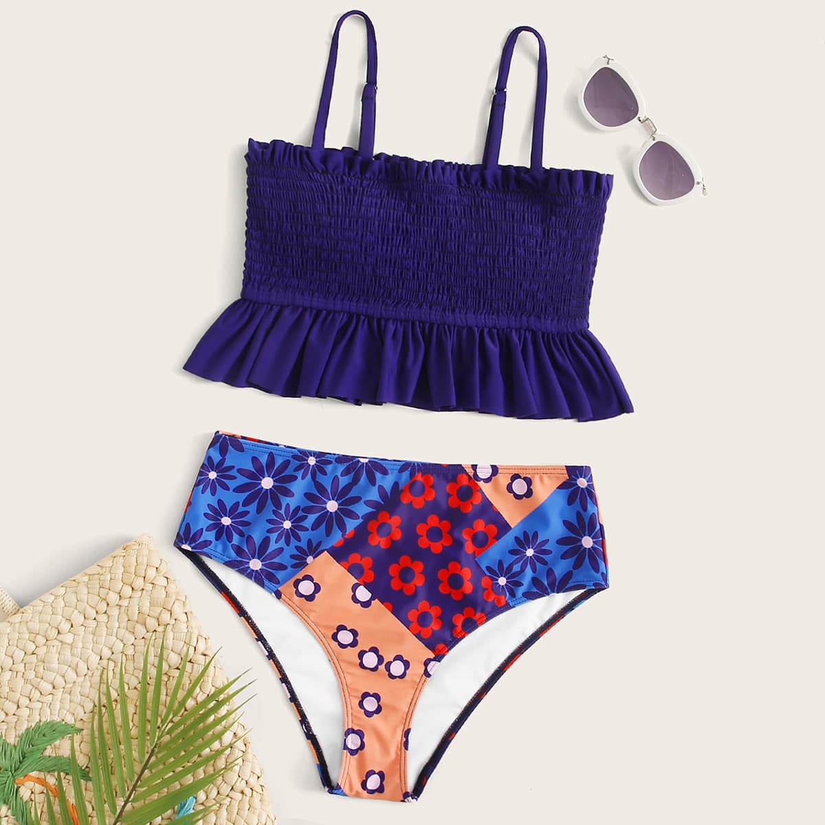 

Floral Smocked Ruffle Hem Bikini Swimsuit, Multicolor