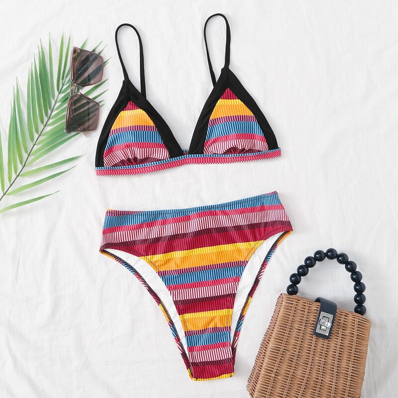 

Colorful Striped Triangle Bikini Swimsuit, Multicolor