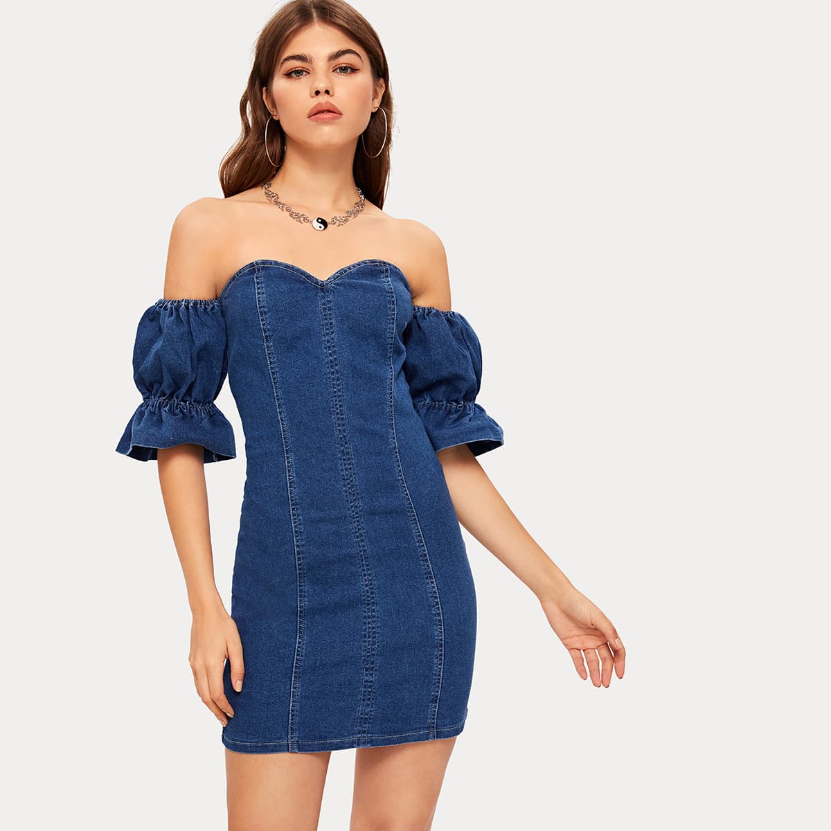 

Off Shoulder Gather Sleeve Bodycon Denim Dress, Blue