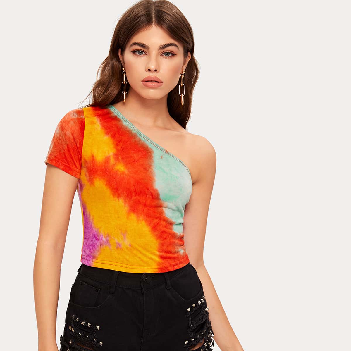 

Tie-Dye Wash One-Shoulder Crop Top, Multicolor