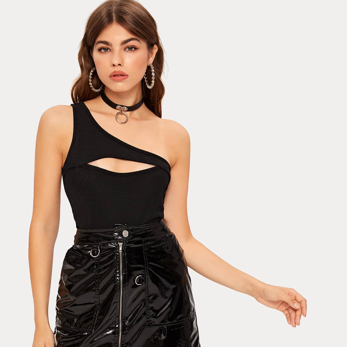

One Shoulder Cut Out Detail Slim Top, Black