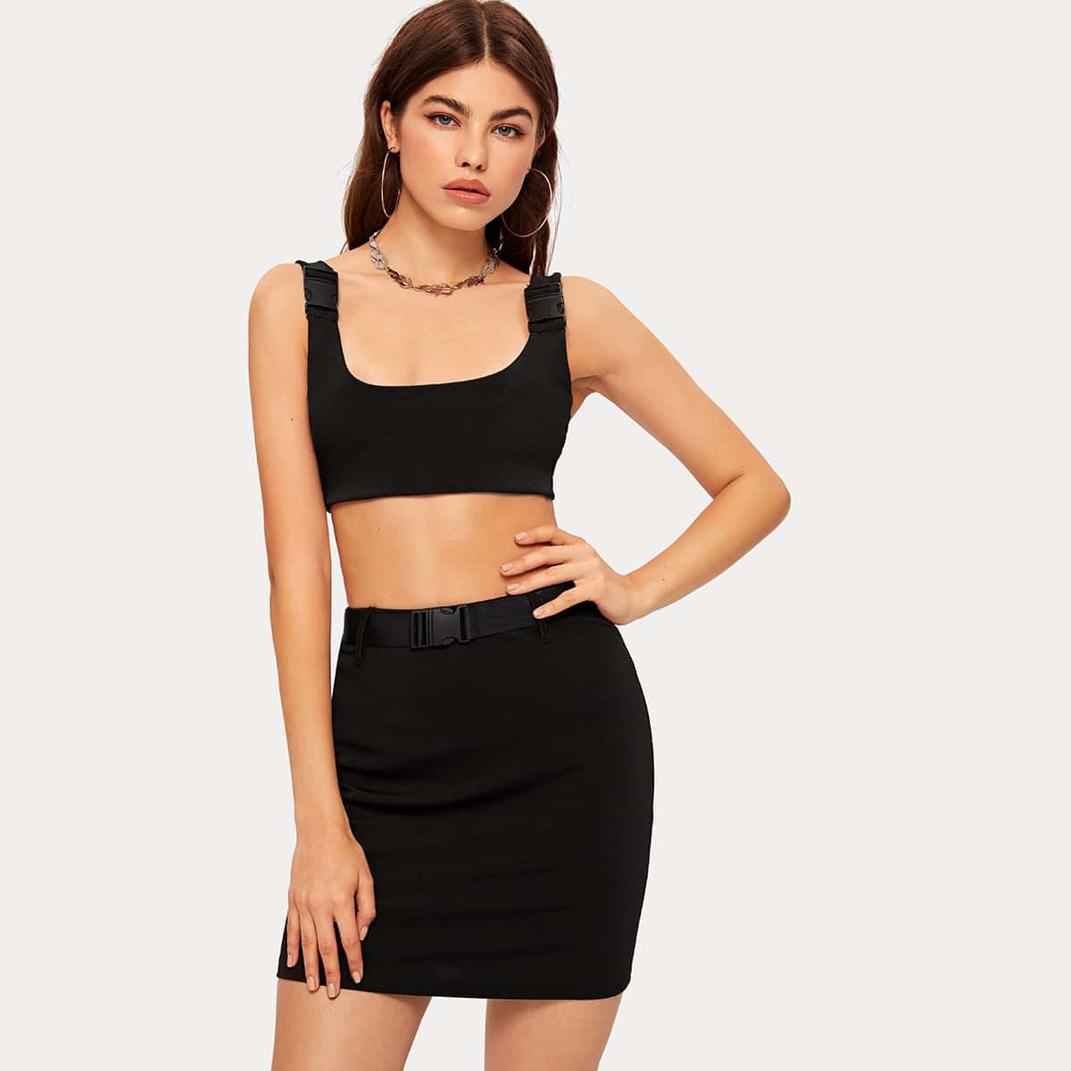 

Buckle Strap Crop Tank Top & Belted Skirt, Black