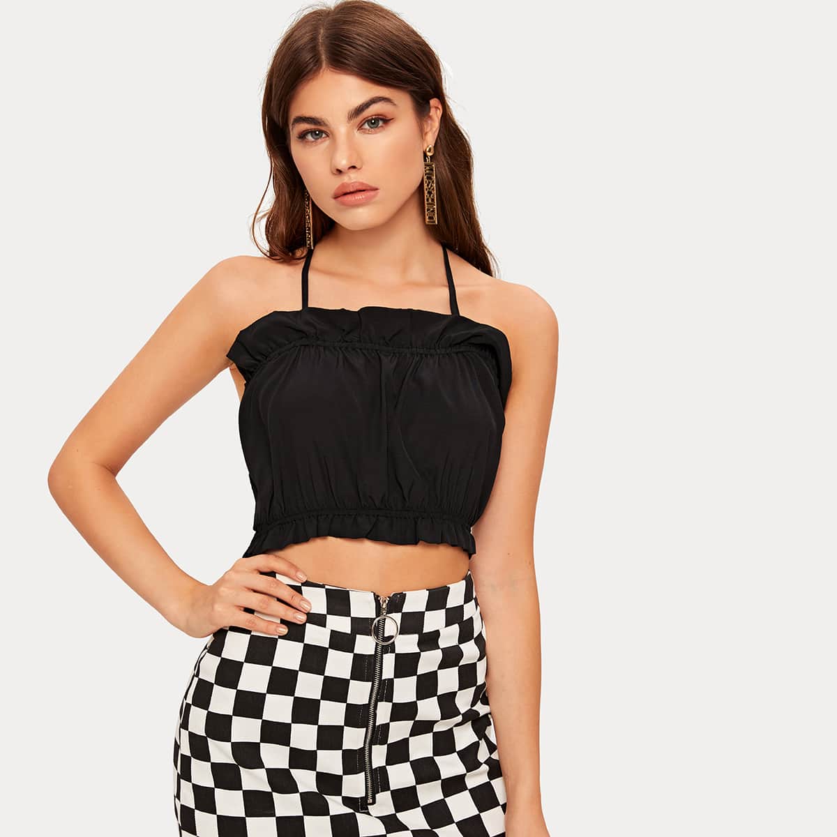 

Tie Back Frill Trim Halterneck Crop Top, Black