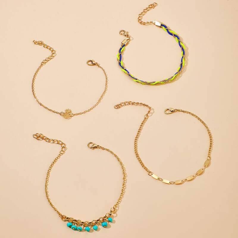 

4pcs Bead & Fruit Charm Anklet, Multicolor
