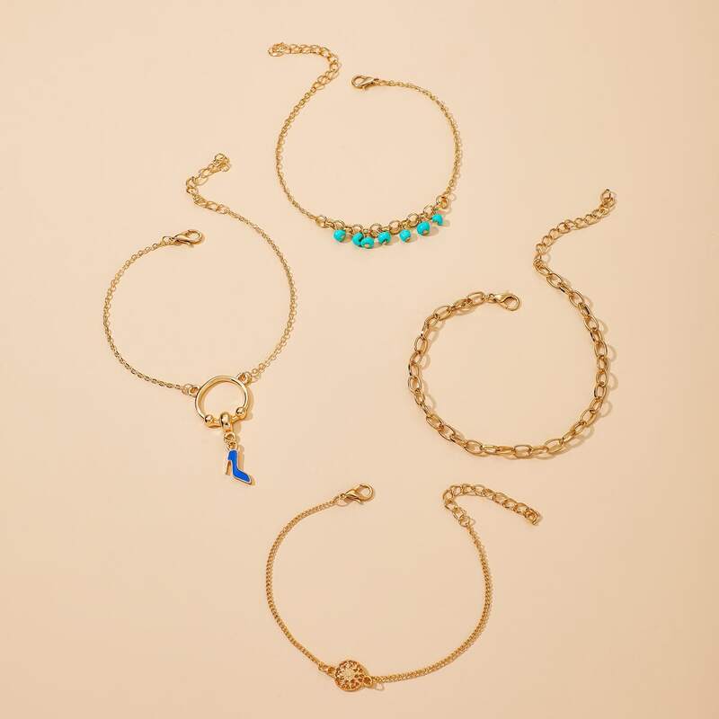 

4pcs Bead & High Heel Charm Anklet, Gold