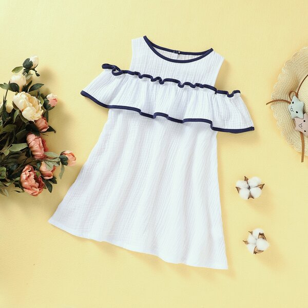 

Toddler Girls Contrast Binding Cold Shoulder Dress, White
