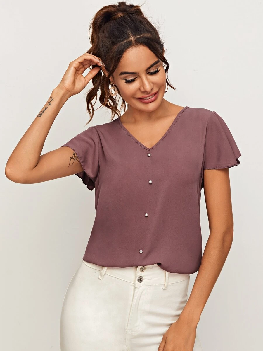 SHEIN Clasi Top de manga con volante con cuenta de perla - Color caoba - Ver 1