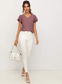 SHEIN Clasi Top de manga con volante con cuenta de perla - Color caoba - Ver 3