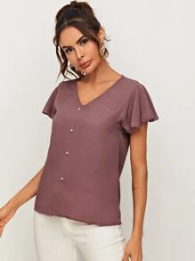 SHEIN Clasi Top de manga con volante con cuenta de perla - Color caoba - Ver 4