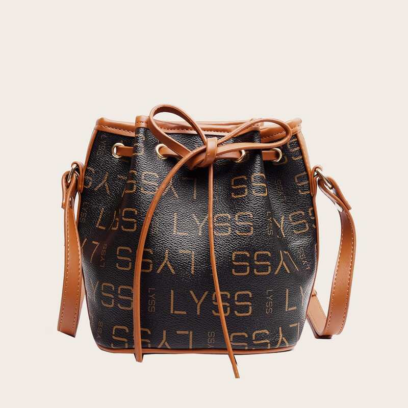 

Letter Graphic Drawstring Bucket Bag, Black