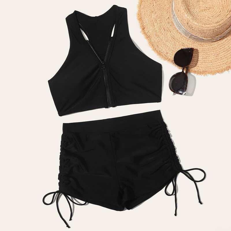 

Zipper Front Shorts Bikini Swimsuit, Black