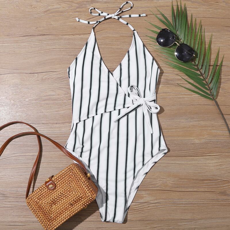 

Striped Tie Waist One Piece Swimsuit, White