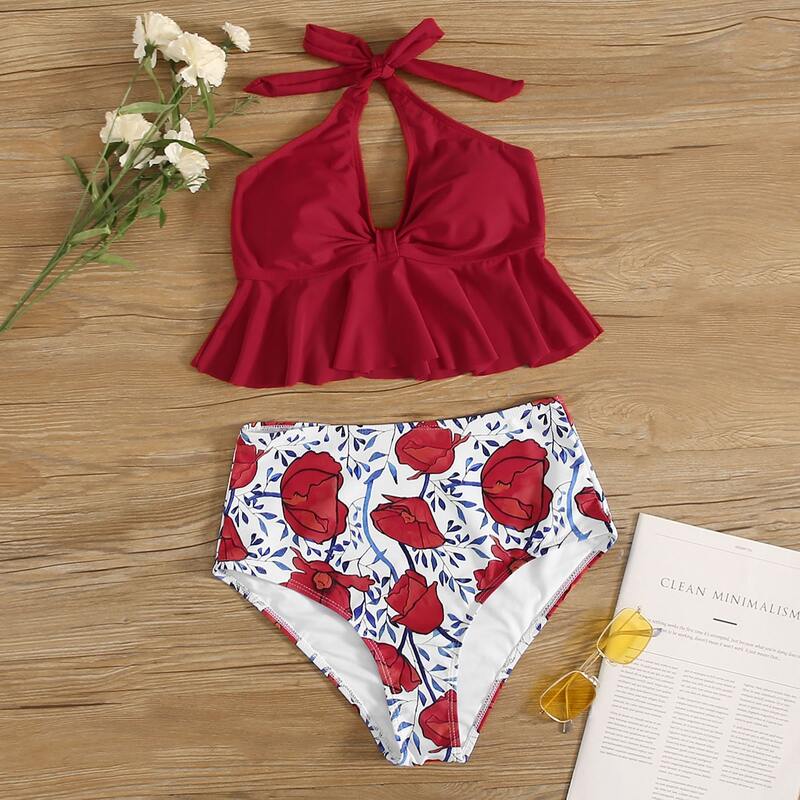 

Floral Random Ruffle Halter Bikini Swimsuit, Multicolor