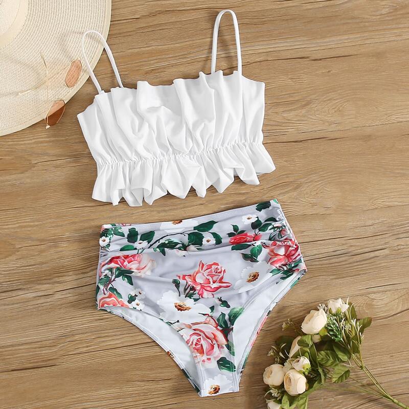 

Floral Ruffle Ruched High Waisted Bikini Swimsuit, Multicolor