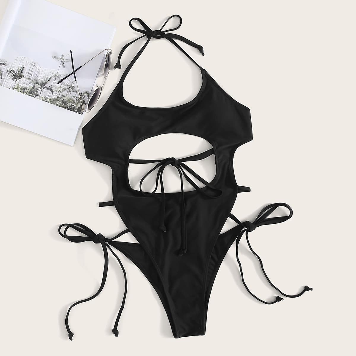 

Cut Out Tie Side Halter One Piece Swimsuit, Black