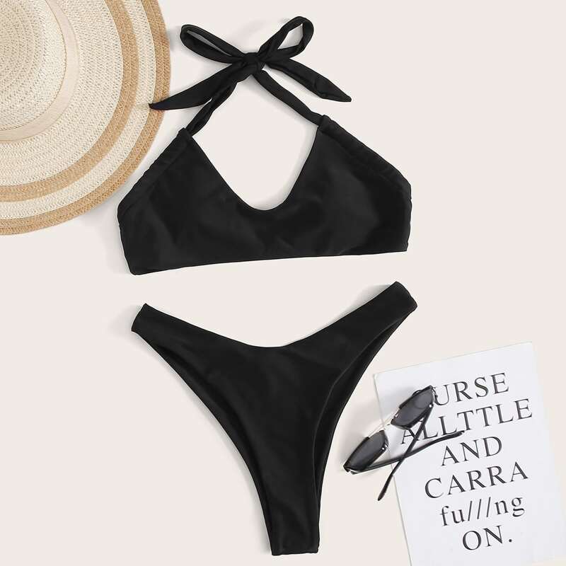 

Twist Halter High Cut Bikini Swimsuit, Black