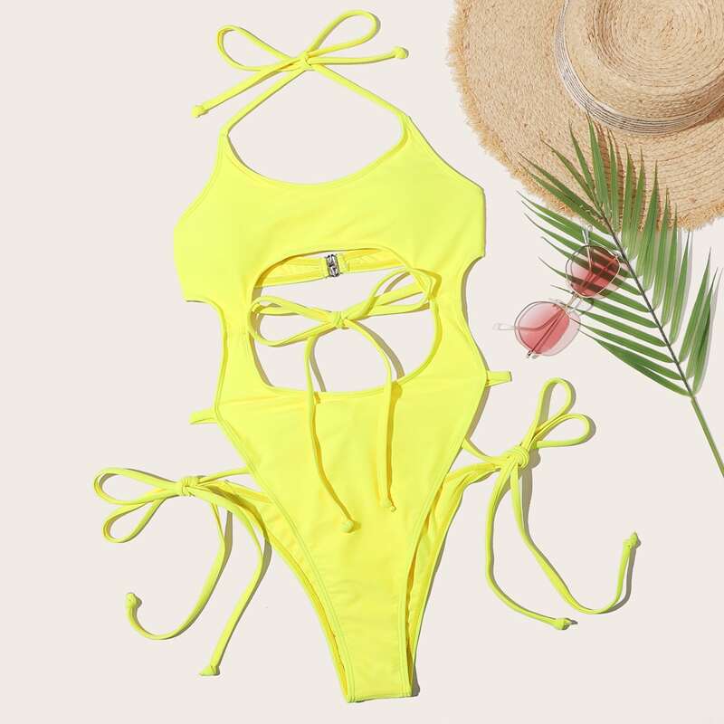 

Cut Out Tie Side Halter One Piece Swimsuit, Yellow