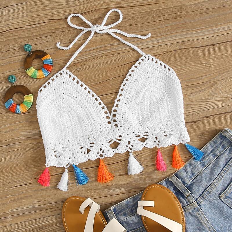 

Tassel Hem Hollow Out Crochet Bikini Top, White