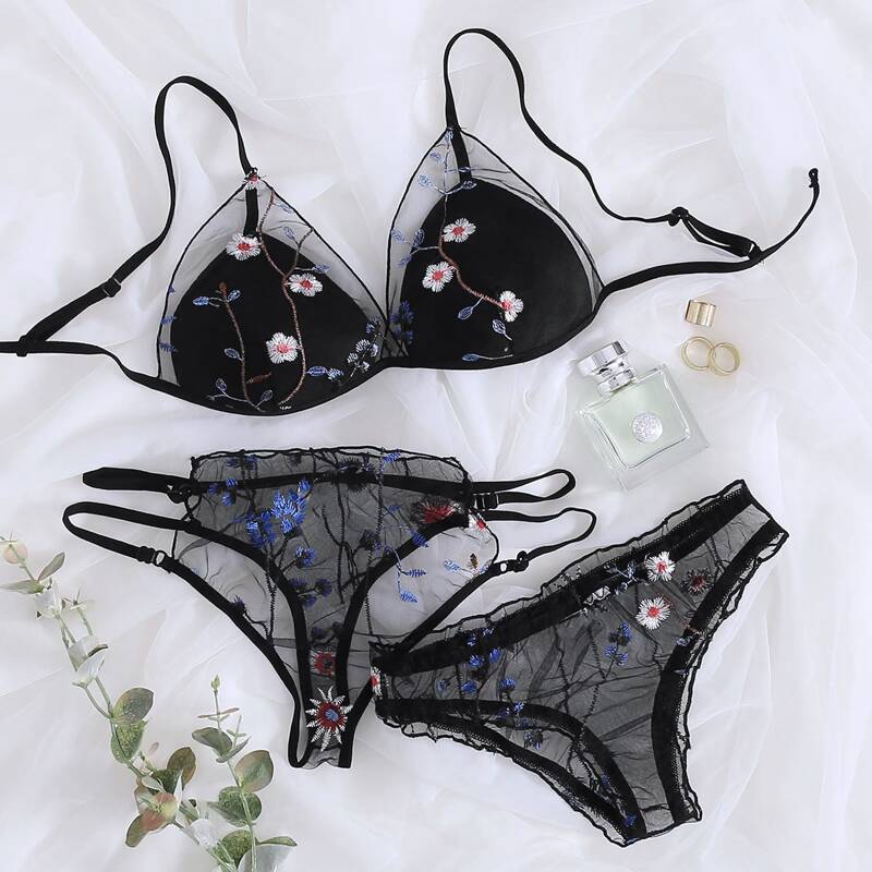 

3pack Floral Embroidered Mesh Lingerie Set, Black